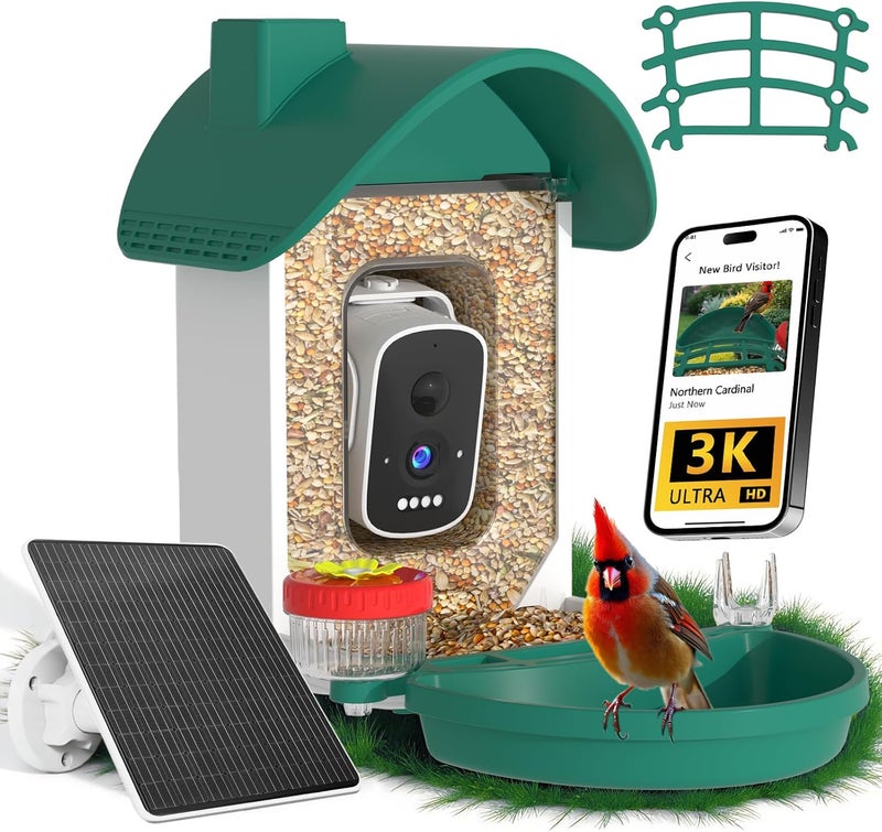 WAVEEME مغذي الطيور مع كاميرا، تحديد الذكاء الاصطناعي، عرض مباشر 3K، واي فاي 2.4G، تسجيل تلقائي للفيديو، تنبيهات وصول فورية، هدية لمراقبي الطيور في الفناء الخلفي - Image 1